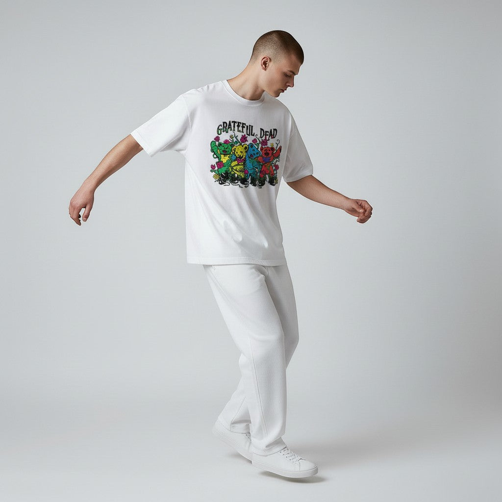 AMPED Grateful Dead Garden Boot Bears t-shirt with four colorful dancing bears and flowers, 100% cotton.