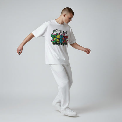 AMPED Grateful Dead Garden Boot Bears t-shirt with four colorful dancing bears and flowers, 100% cotton.