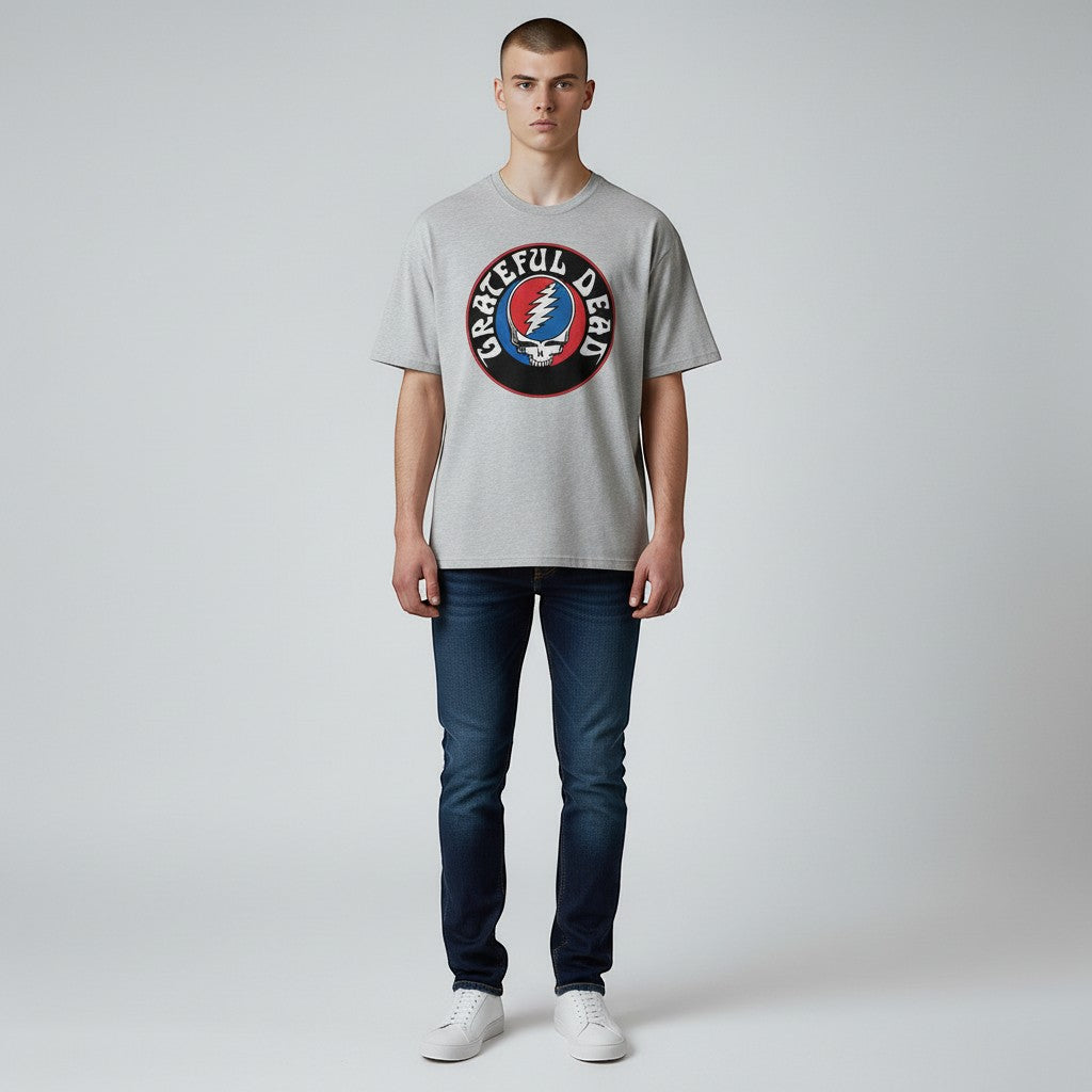 AMPED Grateful Dead GD logo t-shirt in light grey, 100% cotton with red, blue, and black circular graphic.
