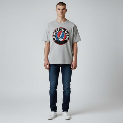 AMPED Grateful Dead GD logo t-shirt in light grey, 100% cotton with red, blue, and black circular graphic.