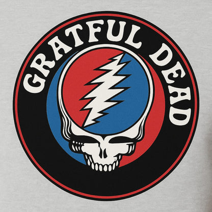 AMPED Grateful Dead GD logo t-shirt with red, blue, and white stealie graphic on grey 100% cotton.