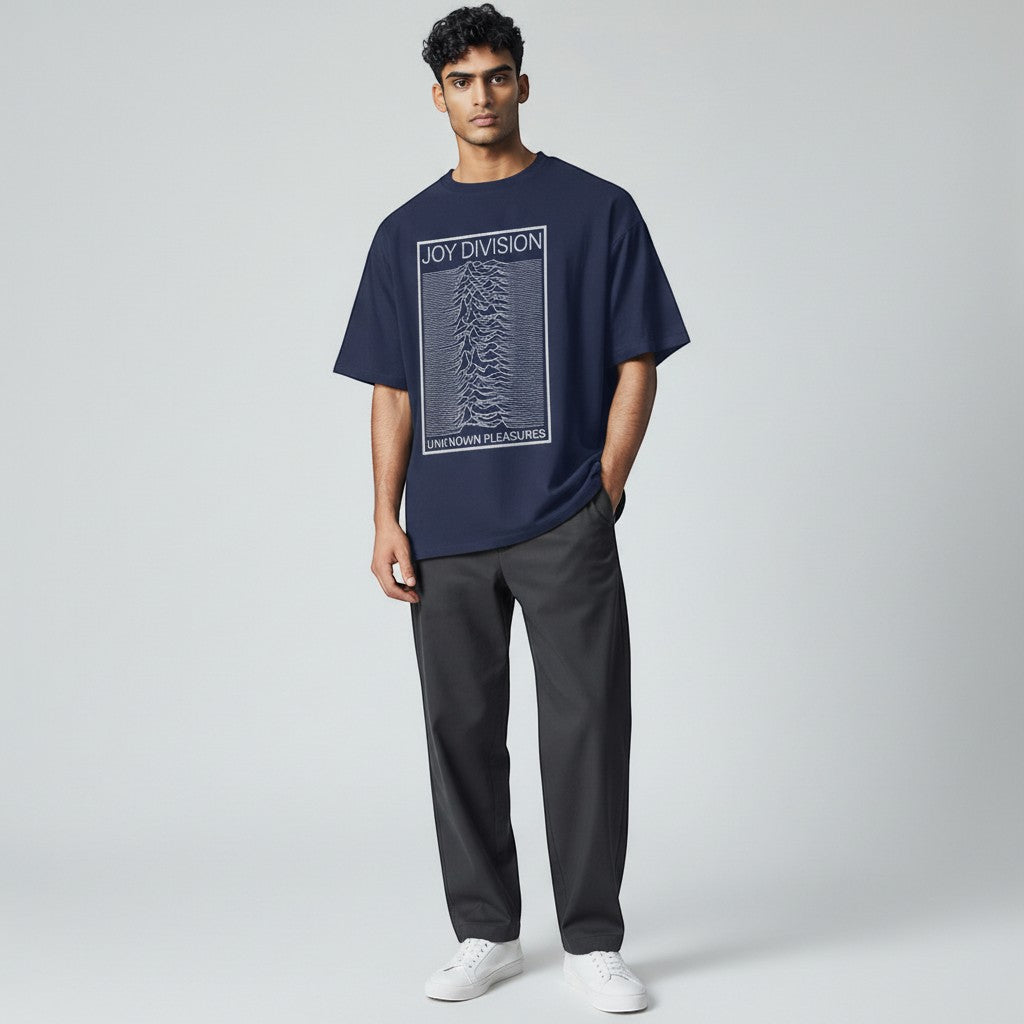 AMPED navy blue 100% cotton t-shirt with Joy Division Unknown Pleasures album art graphic.