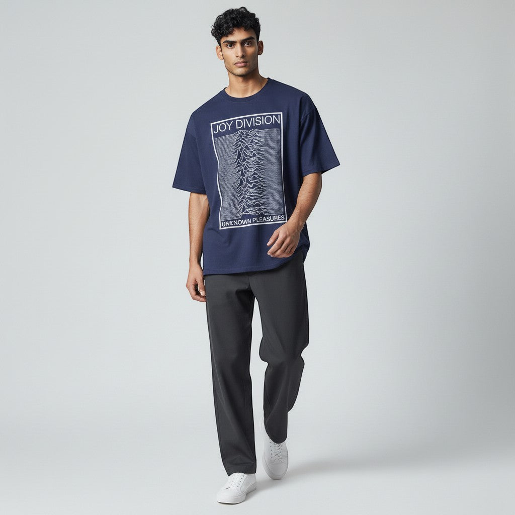 AMPED navy blue 100% cotton t-shirt with Joy Division Unknown Pleasures album art graphic.