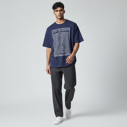 AMPED navy blue 100% cotton t-shirt with Joy Division Unknown Pleasures album art graphic.