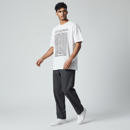 AMPED white 100% cotton t-shirt featuring the iconic Joy Division Unknown Pleasures album cover graphic.