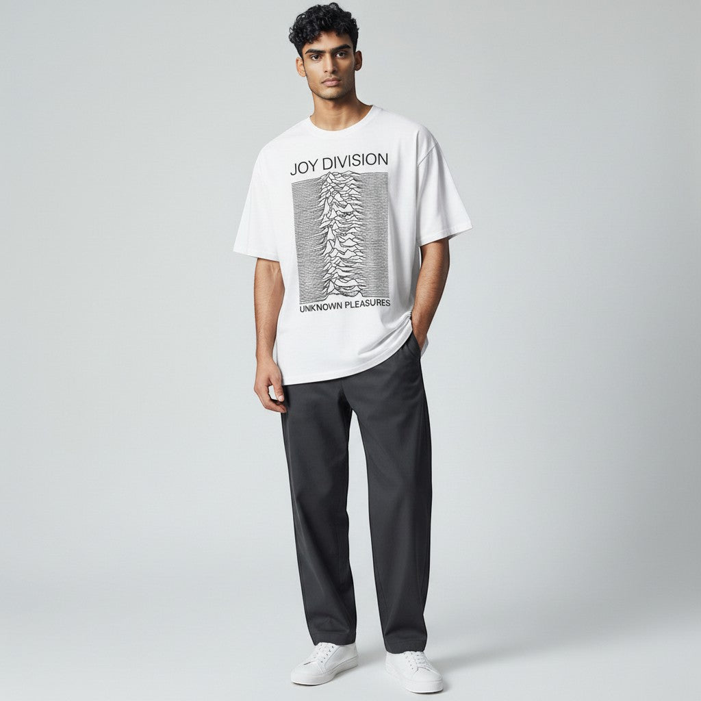 AMPED white 100% cotton t-shirt featuring the iconic Joy Division Unknown Pleasures album cover graphic.
