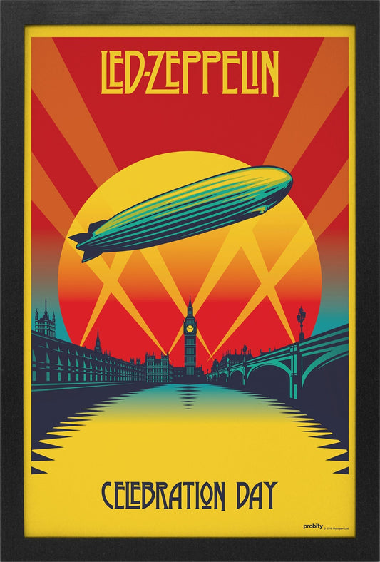 AMPED Led Zeppelin Celebration Day poster, 11x17 inches, featuring a retro illustration of a blimp over London landmarks with vibrant red, yellow, and blue colors.