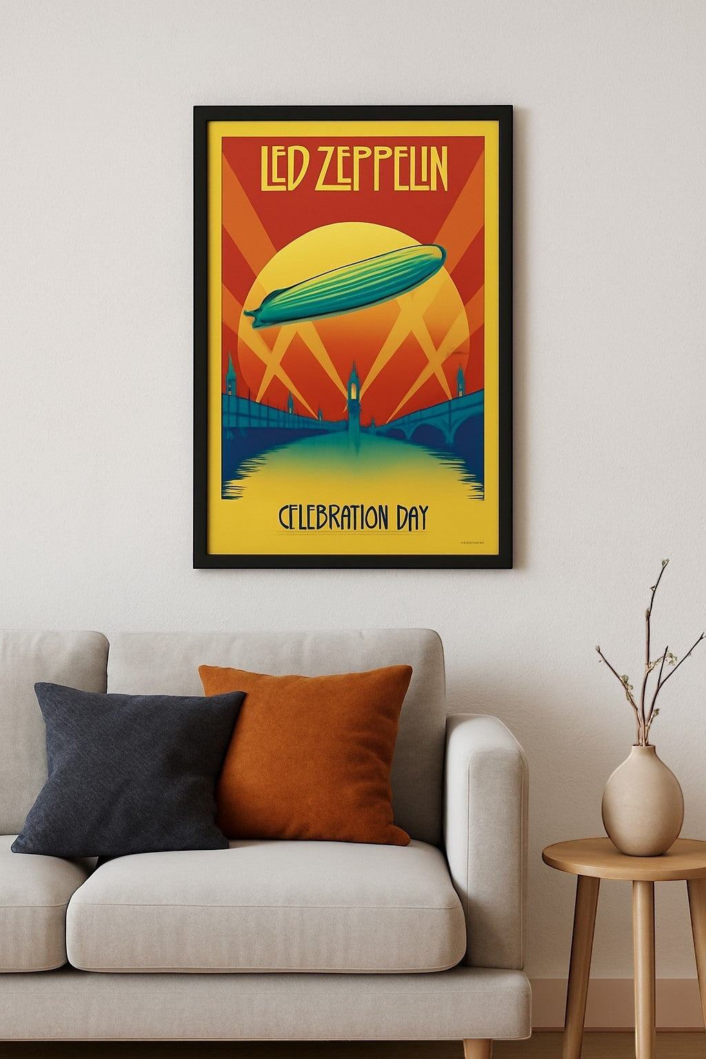 AMPED Led Zeppelin Celebration Day poster with a teal airship over a cityscape and sun. 11 x 17 inches.
