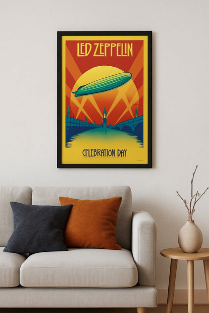 AMPED Led Zeppelin Celebration Day poster with a teal airship over a cityscape and sun. 11 x 17 inches.