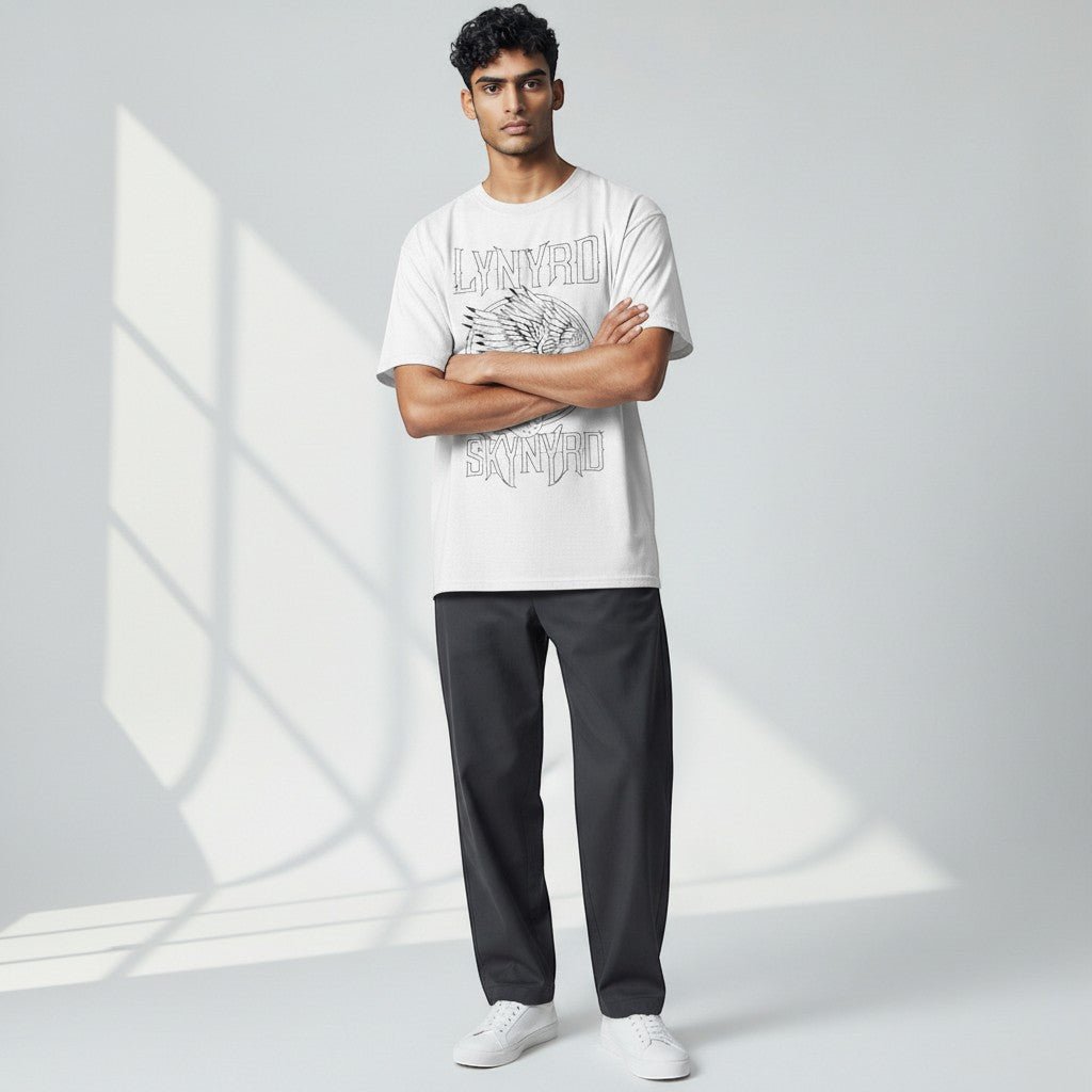 Lynyrd Skynyrd Outlined Eagle Guitar Black White T-Shirt - AMPED