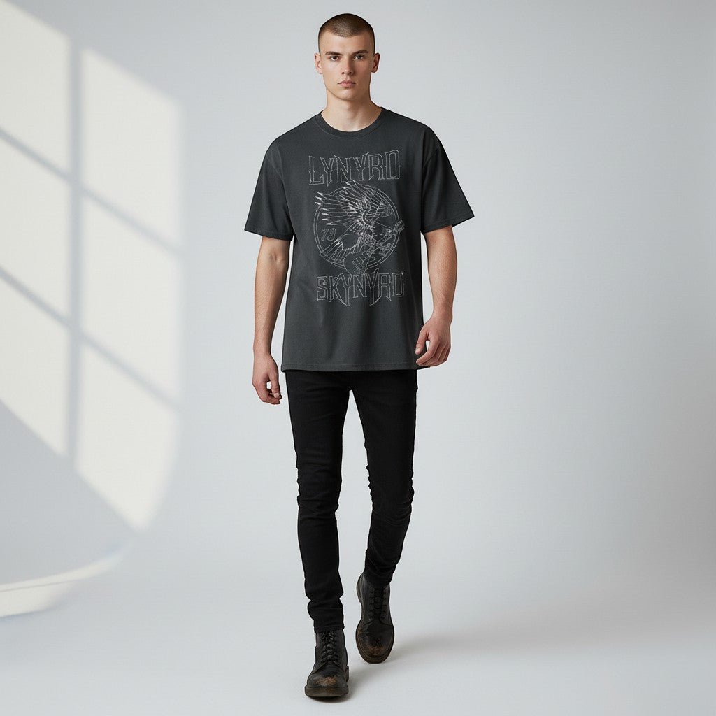 Lynyrd Skynyrd Outlined Eagle Guitar White Black T-Shirt - AMPED